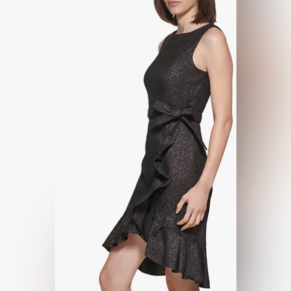 CALVIN KLEIN NWT $134 Stretch Metallic Belted Ruffle Flounce Dress Size 10 Party - Picture 2 of 16